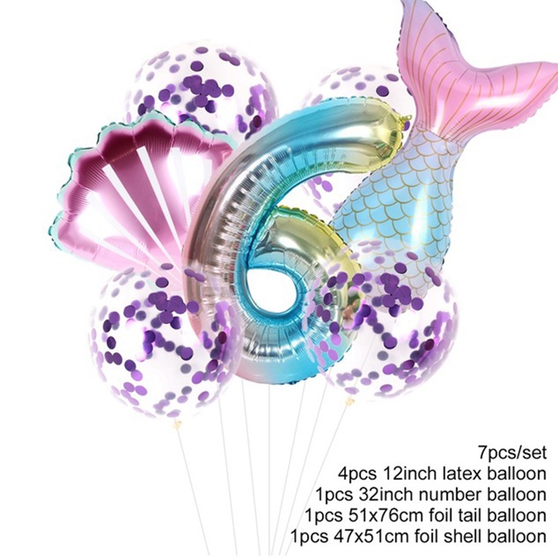 7pcs / Set Balon Foil Angka Bentuk Ekor Mermaid Untuk Dekorasi Pesta Ulang Tahun / Baby Shower