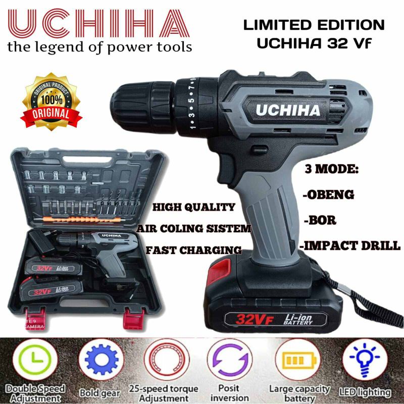 Mesin Bor Baterai Cordless Impact Drill Merk Uchiha 10mm Type 32vf 25 Torsi