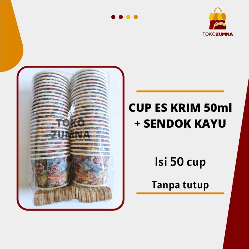 Cup Es Krim 50 ml / Cup Es Krim Kertas + Sendok Kayu / Cup Kertas Es Cream Tanpa Tutup