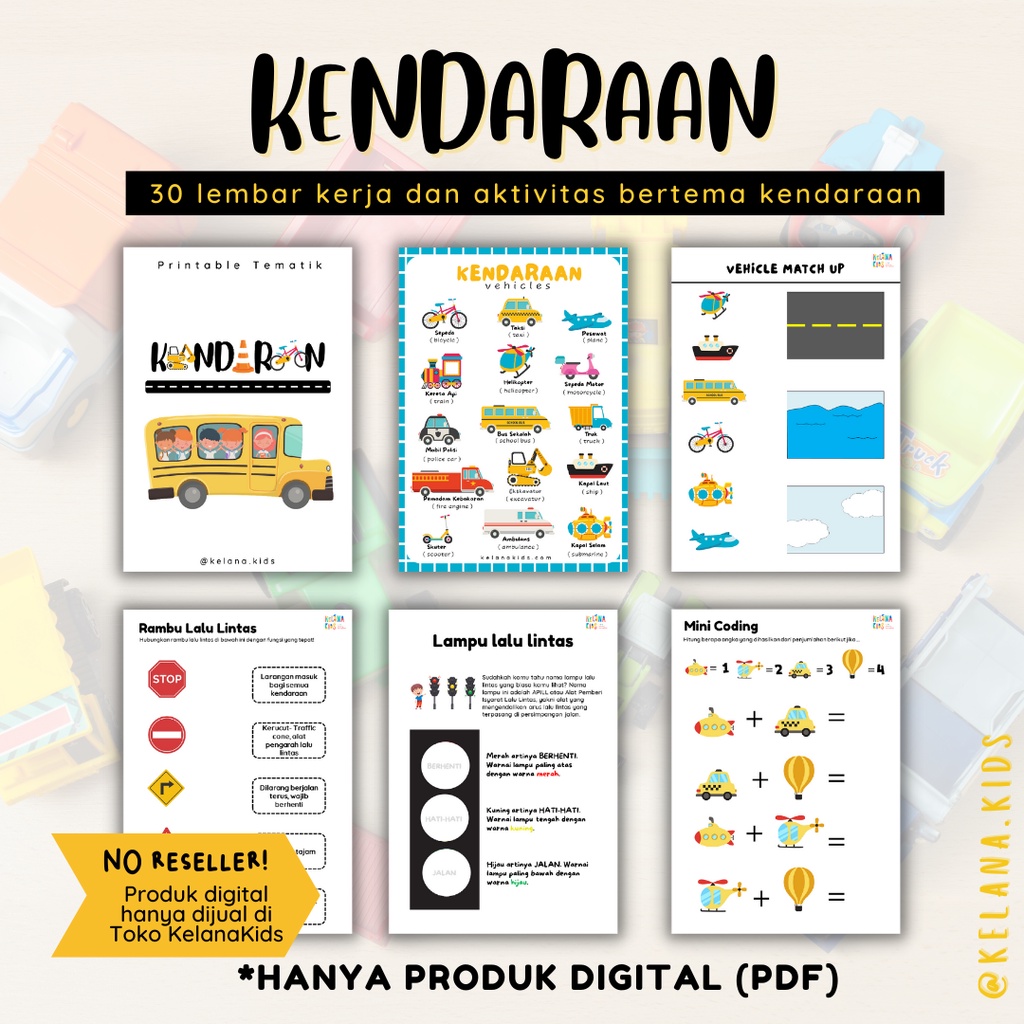 Printable Worksheet Tematik Transportasi Kendaraan - 30 Lembar Kerja Aktivitas Anak TK PAUD PDF