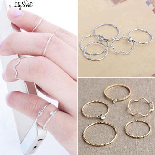 5 Pcs / Set Cincin Gelombang Stack Di Atas Knuckle Rings