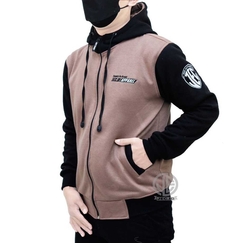 Jaket Sweater Hoodie Zipper Jec Apparel Premium Mocca Hitam