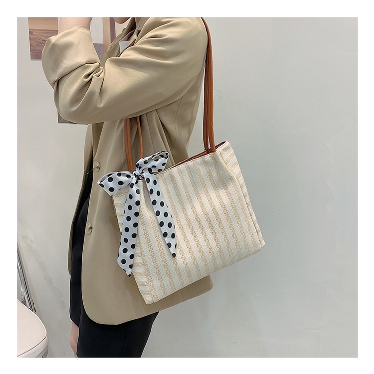 Drozenb Tas Tote Wanita Bahan Anyam Jerami Model Korea/Totebag Fashion Korea Bahan Anyaman Motif Garis/Tas Anyaman Korea Motif Garis/Tas Pantai Korea