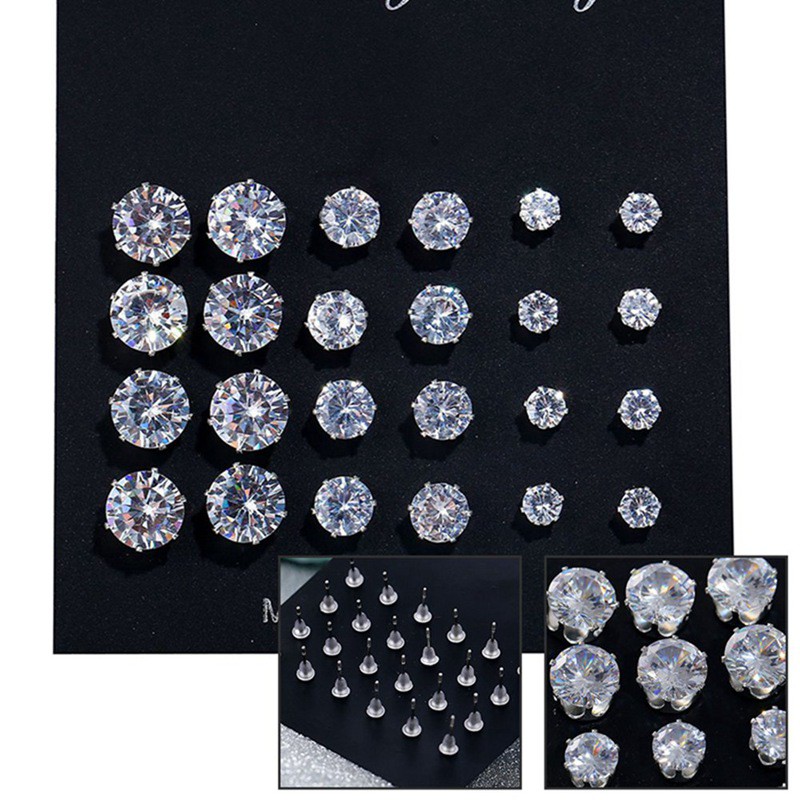 12 Pasang / Set Anting Tusuk Kristal Zircon Stainless Steel untuk Wanita