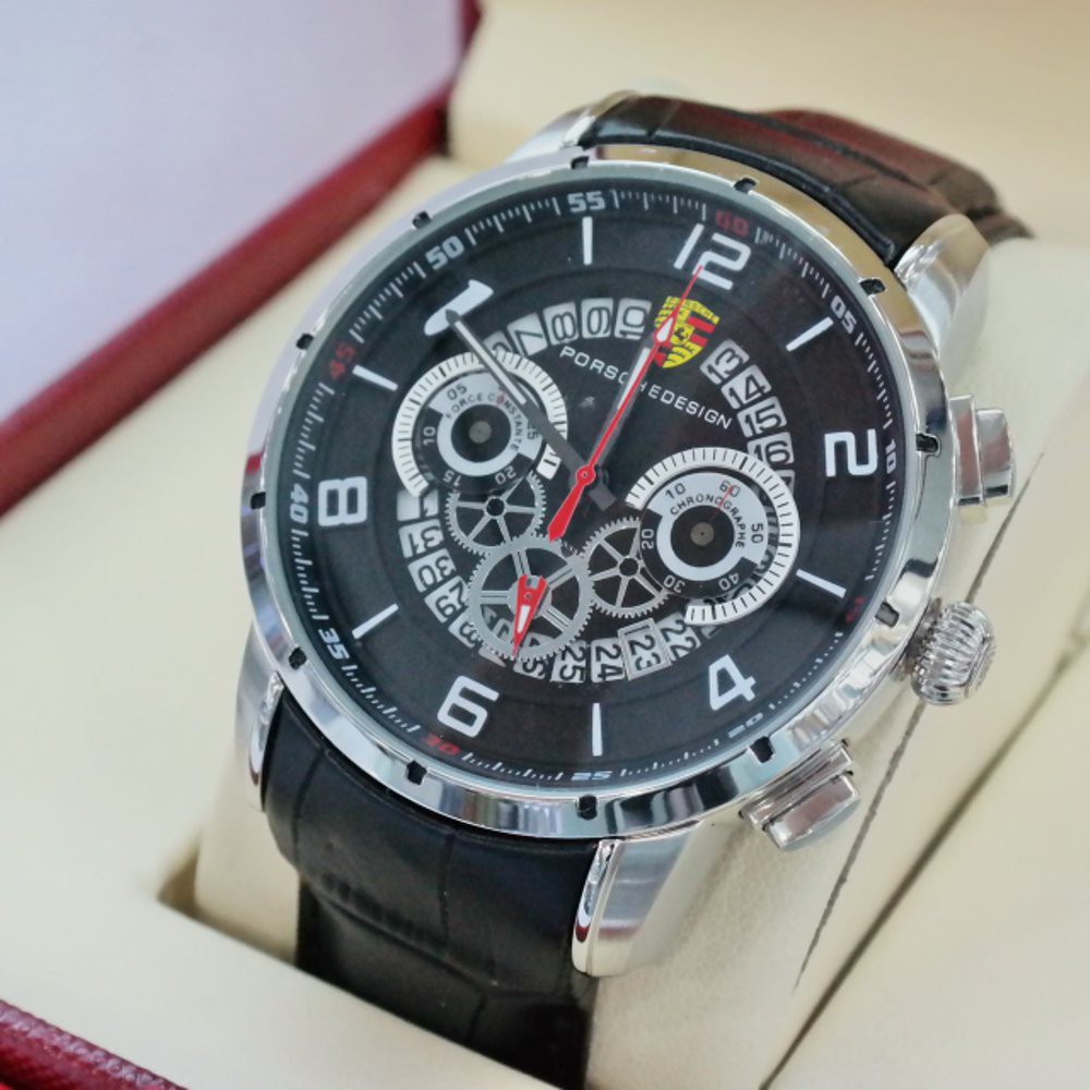 Jam Tangan Pria Porsche Design 92 Super Chrono Aktif Leather Strap Bezel Silver - 3Pilihan Warna (