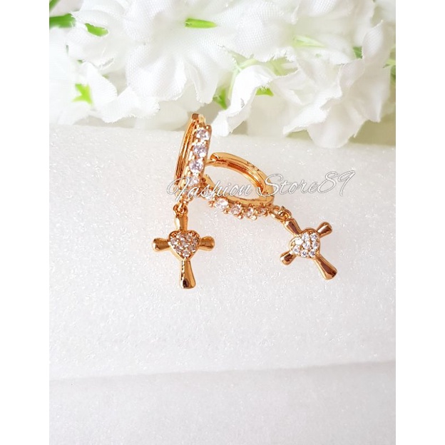 Anting Jepit Jurai Salib Permata perhiasan lapis emas impor fashion Rohani anting jepit jurai dewasa full permata putih impor