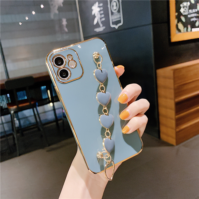 Soft Case Electroplating Motif Hati Dengan Tali Pergelangan Tangan Untuk Iphone 12pro Max 12 Mini 11pro Max Xs Max Xr 7 / 8 / Se 2020 7plus / 8plus