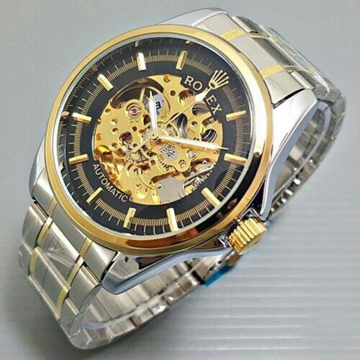 JAM TANGAN PRIA ROLEX AUTOMATIC BESAR SILVER GOLD (BLACK GOLD)