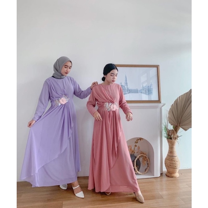 Kinan Flower Dress/Dress Ceruti Ld 116/Dress Polos Jumbo/Dress Lebaran/Dress Pesta/Gamis Lilac