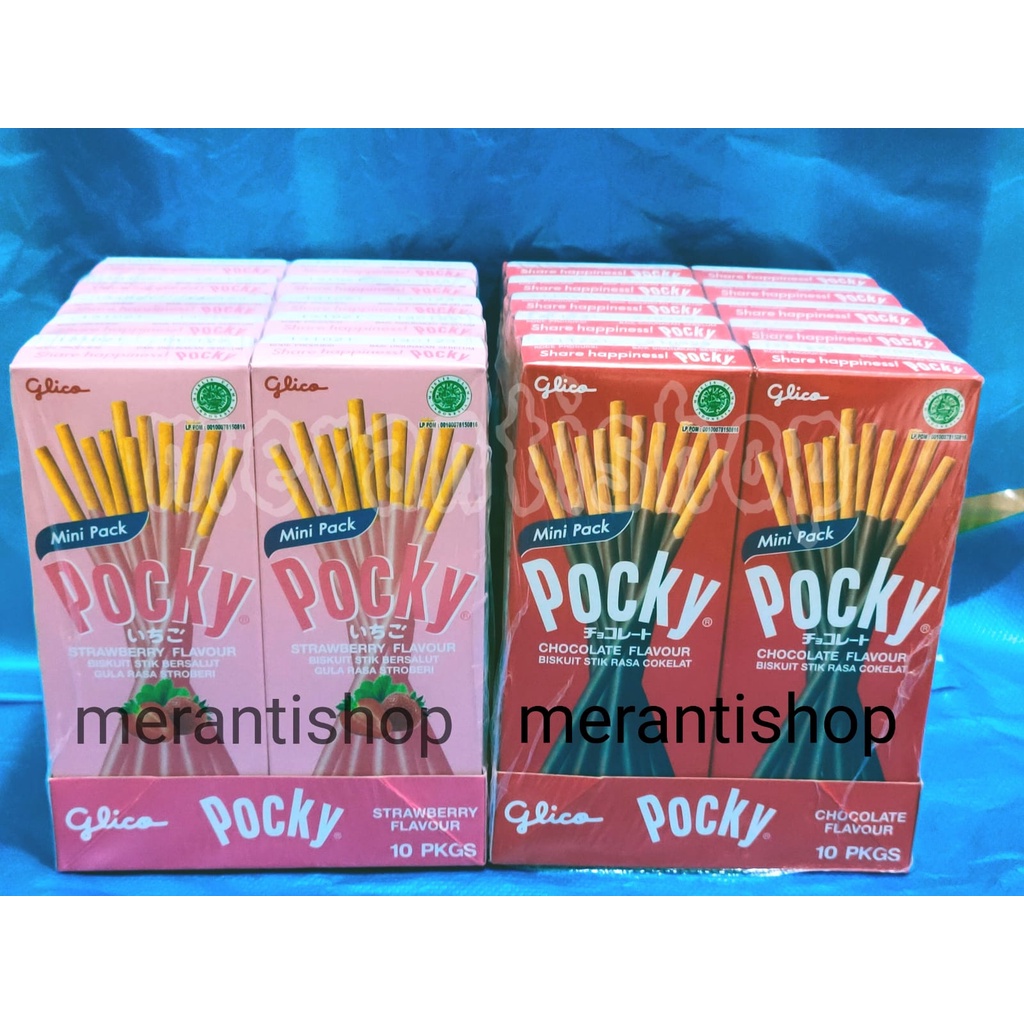 

Glico Pocky Coklat / Strawberry 22gram (1 Pack Isi 10 Kotak) / Pocky Chocolate Mini Pack / Cokelat / Straw Berry / Strawberi