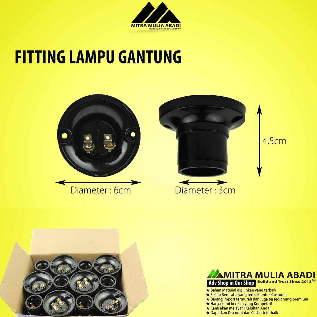 FITTING LAMPU PLAFON E27 BULAT HITAM PVC LISTRIK 220V