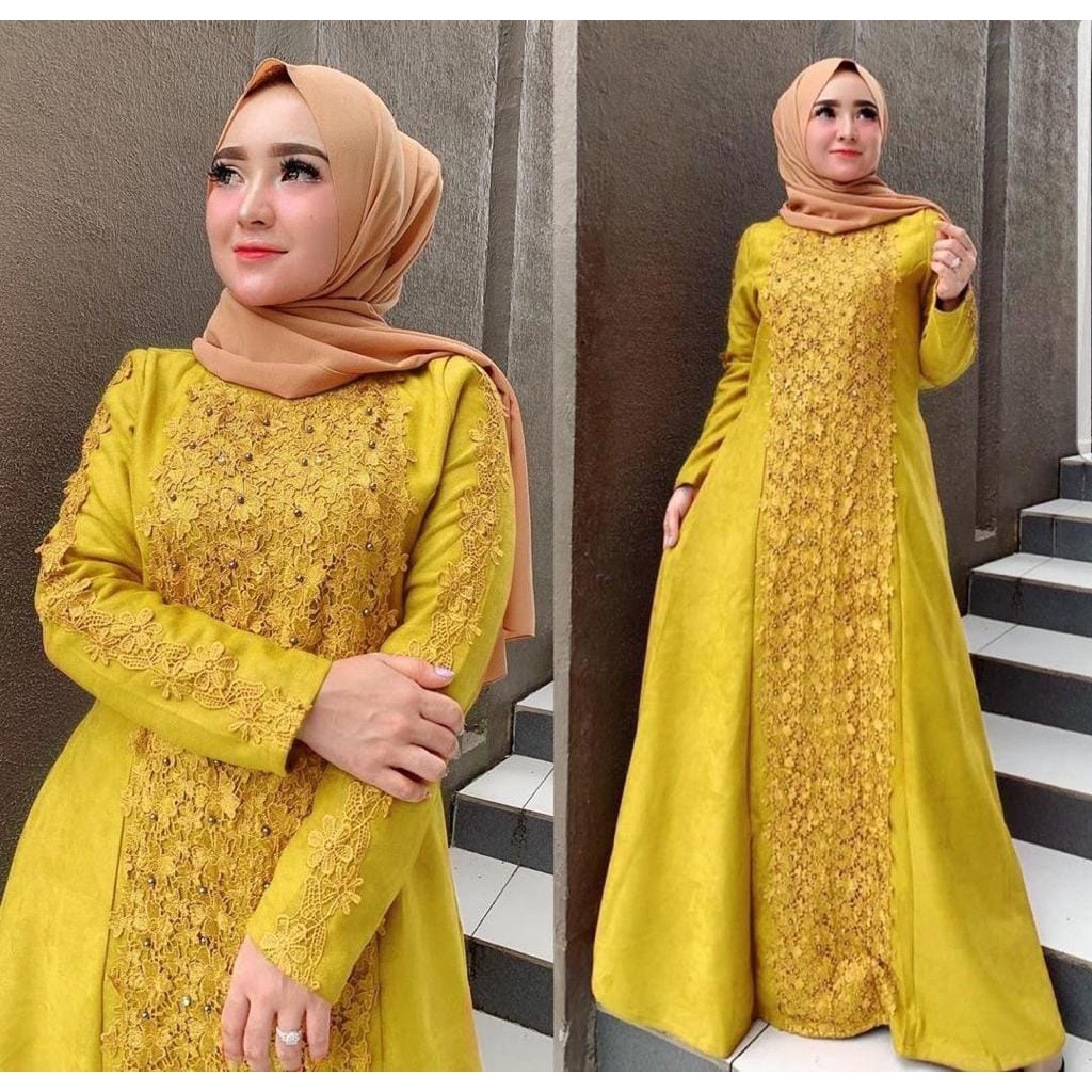 XC - Dress Brokat Linken / Dress Maxi Jumken / Fashion Muslim Model Brukat Idul Fitri-Mustard