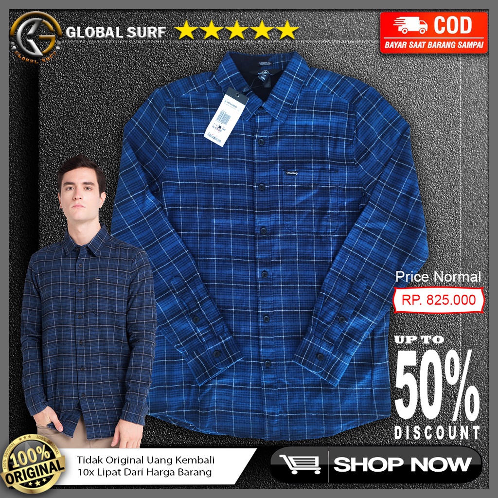 Kemeja Flanel Volcom Original Hem Casual Pria Lengan Panjang Motif Kotak Warna Biru Reguler Fit