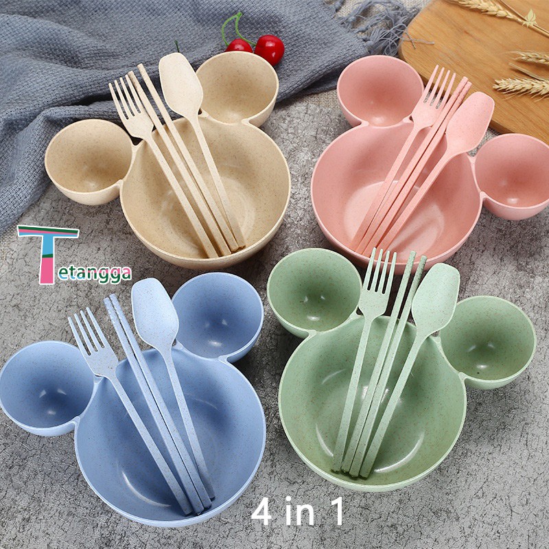 Mangkok Set Peralatan Makan Anak 4 in1Bahan Jerami Gandum Children Tableware Piring Kartun VS-25