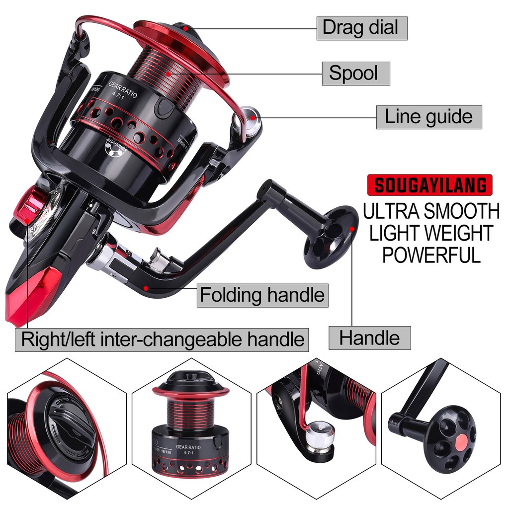 Sougayilang 13BB Fishing Reel 5.2:1-4.7:1 Gear Ratio Spinning Reel Kiri/Kanan Tangan Dapat Berubah Dilipat Pegan