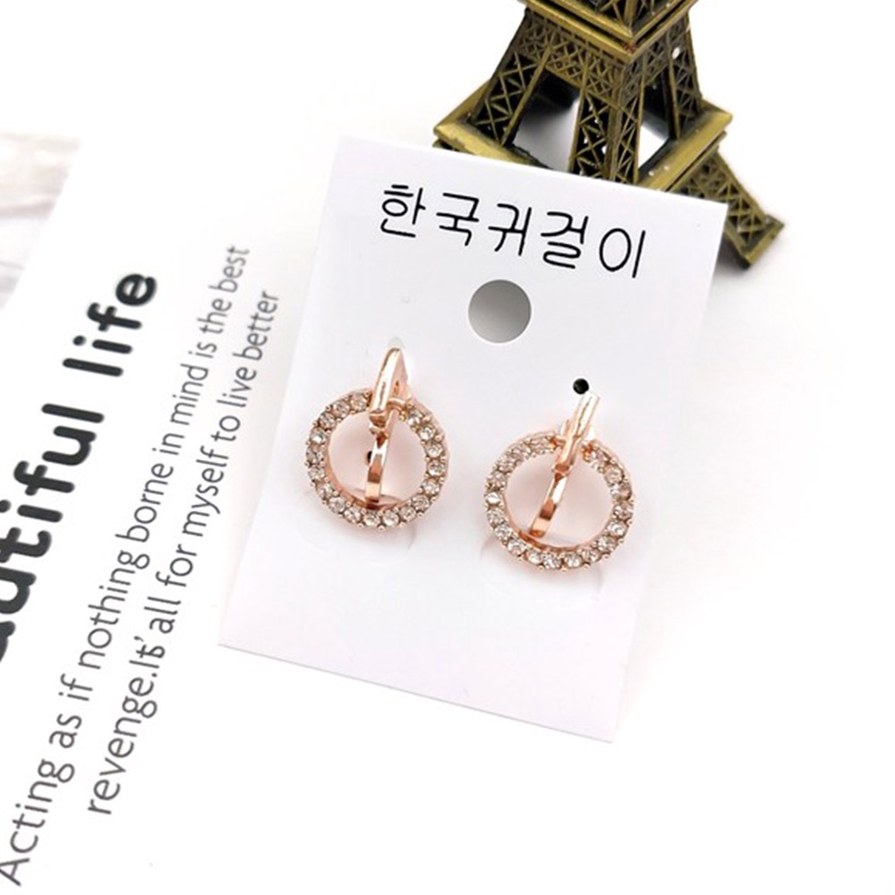 Anting Klip Tanpa Tindik Bentuk Bulat Warna Rose Gold Silver Aksen Kristal Gaya Korea Untuk Wanita