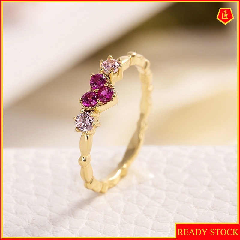 [Ready Stock]14K Gold Inlaid Colored Gems Heart-Shaped Ring Female Simple Fashion