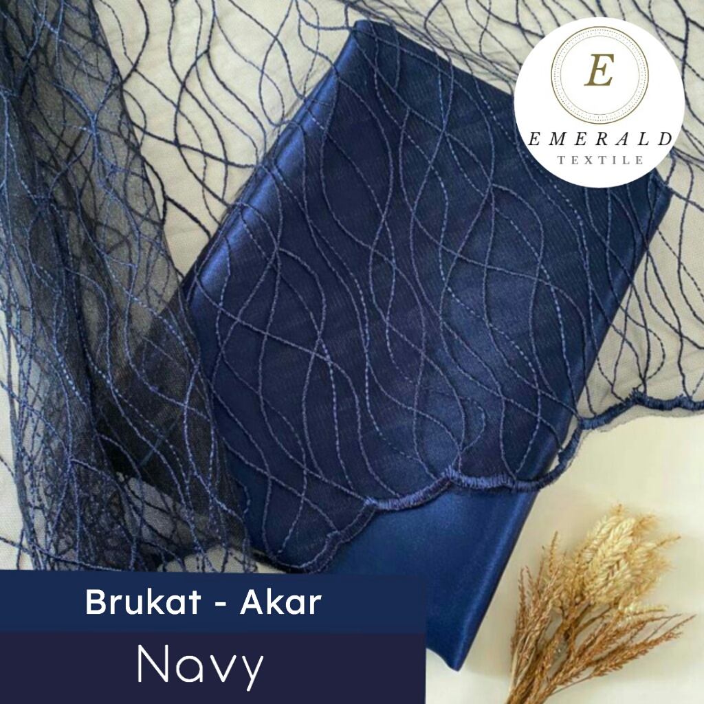 SETENGAH METER Kain Brokat Tile prancis Bahan Kebaya Motif Akar - Navy ( HARGA PER 50cm KAIN )