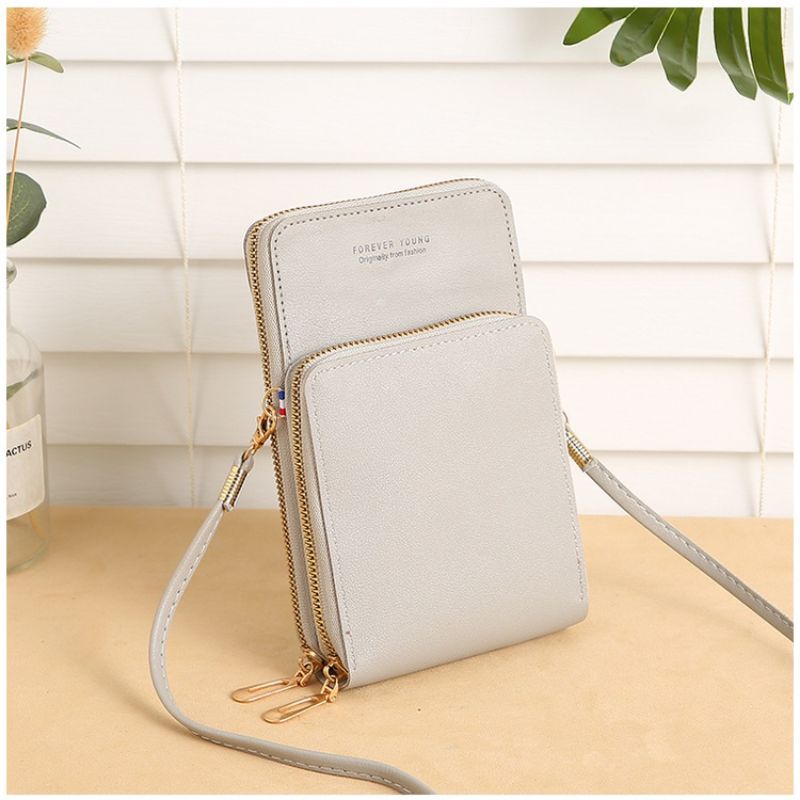 tas Selempang Kulit Wanita Multifungsi Dompet HP touchscreen / Tas Mini Lucu / 2 Resleting / ORI