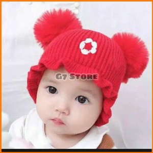 Topi Kupluk Bayi Perempuan Polos Model keren Pompom Bunga Anak Usia 0 3 6 bulan umur 1 2 3 Tahun