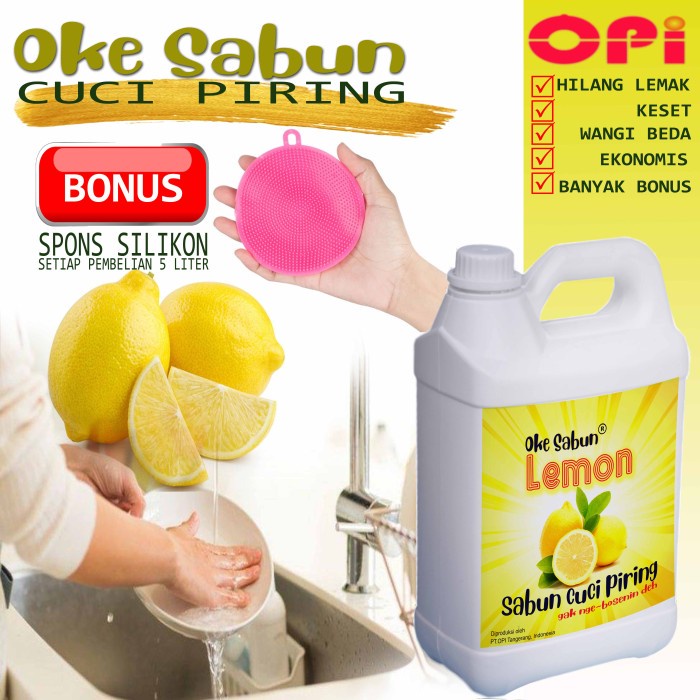 Sabun Cuci Piring 5 Liter Lemon dll bonus Spons Silicon cantik New Formula sudah ada izin edar resmi by Oke sabun suplayer