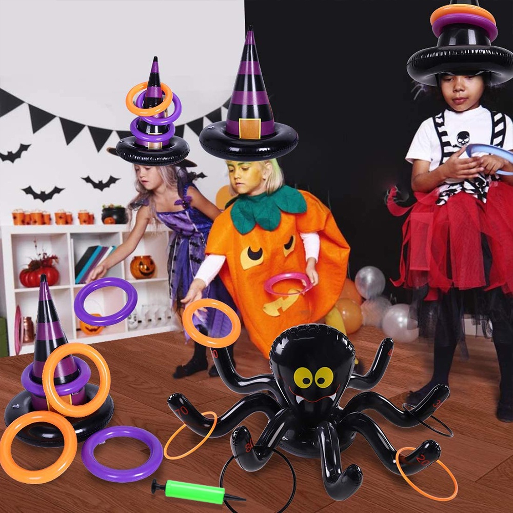 Set Mainan Topi Penyihir Inflatable + 4pcs Cincin + 1pc Pompa Untuk Dekorasi Natal / Halloween