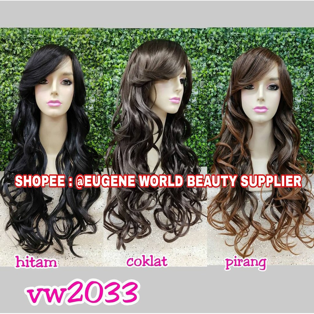 WIG WANITA PANJANG CURLY WAVE WAVY KERITING PONI SAMPING WIG KOREA RAMBUT ASLI 2033 HITAM COKLAT