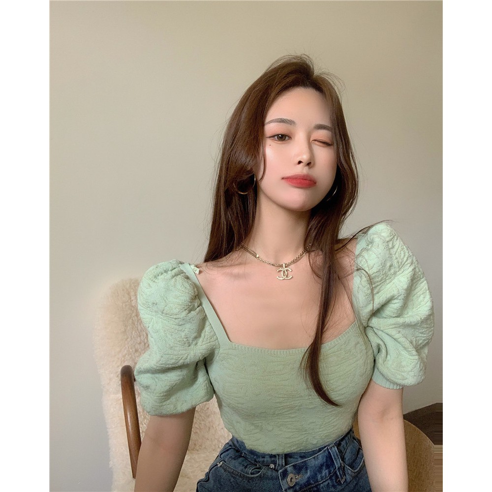 Suhao Perancis Bubble-Sleaved Shirt Wanita Musim Panas Square Desain Kaos Pendek Kecil Atasan Lengan Pendek Baru