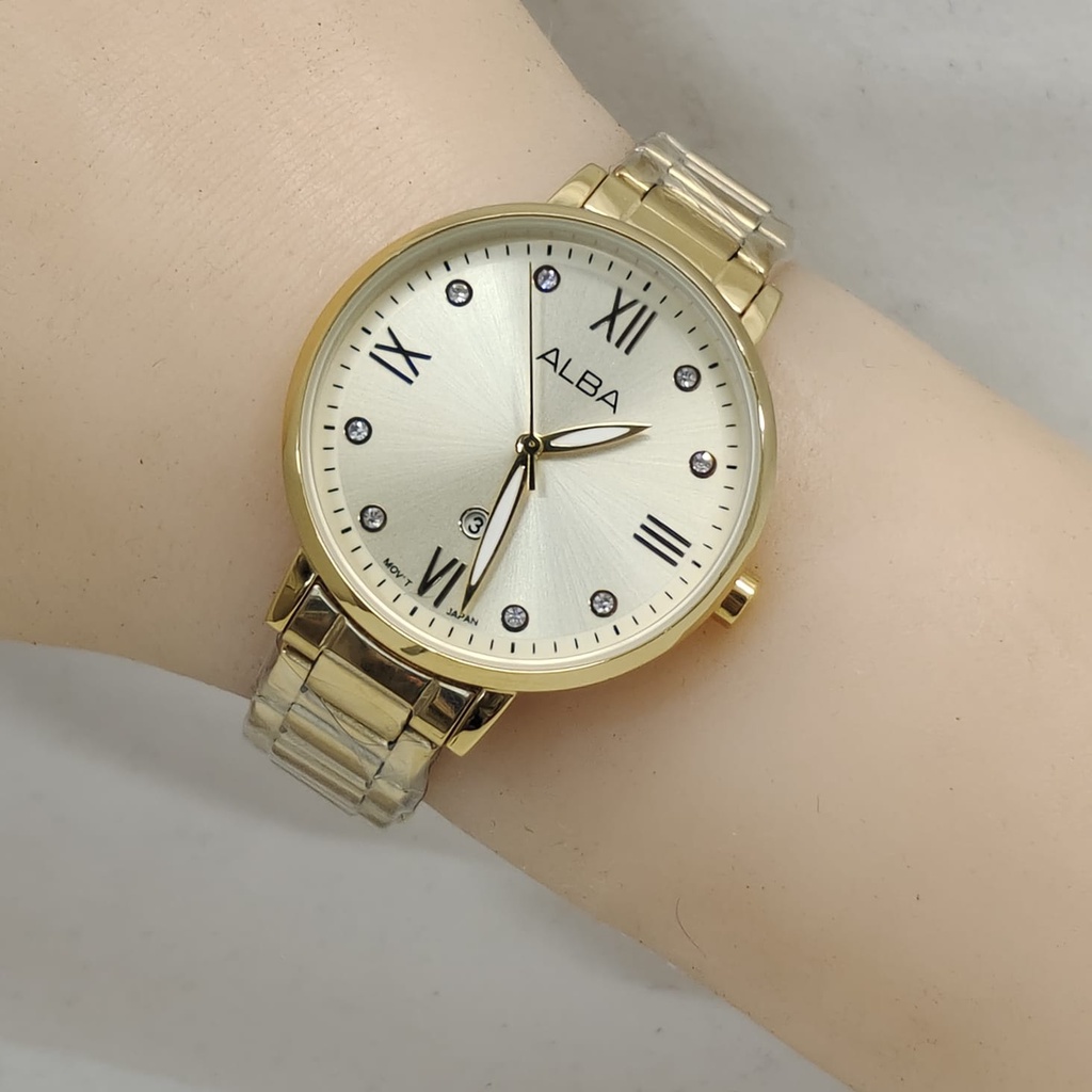 JAM TANGAN WANITA ALBA P85 RANTAI TANGGAL AKTIF DM 3.5CM FREE BOX  || JAM TANGAN FASHION WANITA ALBA