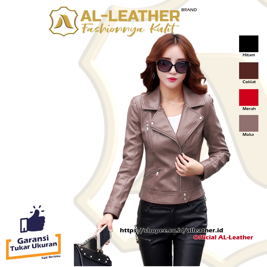 AL-Leather Premium Jaket Kulit Wanita Crop Jesica Elegant Hitam Coklat Moka Merah M L XL XXL 3XL-Moka