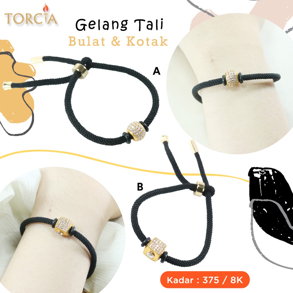 Gelang Tali Charm Emas Asli Bulat & Kotak Kadar 375 Torcia