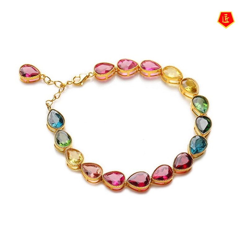 [Ready Stock]Luxury New Heart-Shaped Colored Gems Bracelet 18K Gold