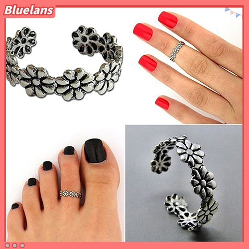 2pcs Cincin Jari Kaki Lapis Silver Adjustable Gaya Vintage Untuk Wanita