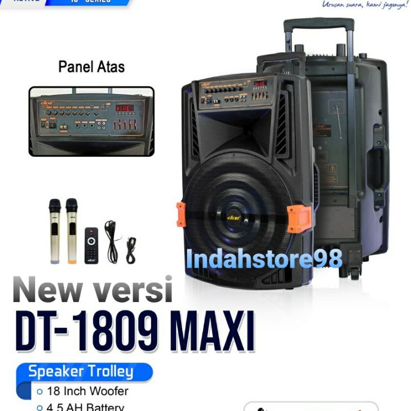 Speaker Aktif Portable DAT 18 inch DT-1809 Bluetooth Karaoke Super Bass 2 Mic Wireless Original # Ba