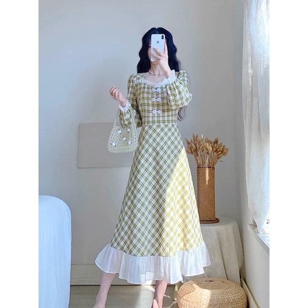 [ BISA COD ]Dress Wanita Kotak Hijau Model Cheongsam M114