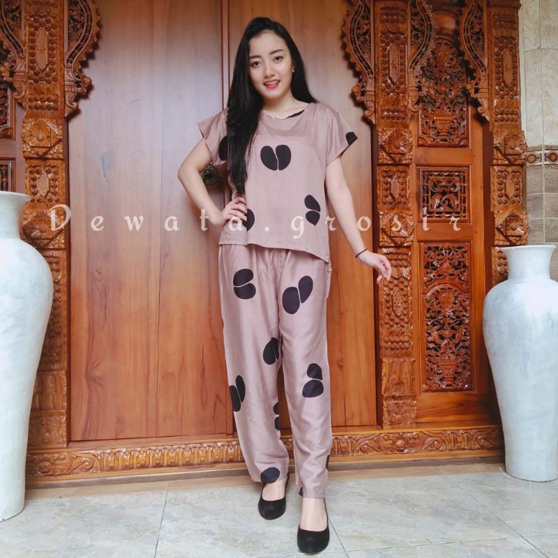 BAJU WANITA PIYAMA BAJU TIDUR SETELAN ONE SET BABYDOLL RAYON SUPER KOPI BALI ROBUSTA TERLARIS-Kopi moca
