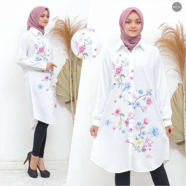 Basic Long Shirt / Baju Wanita Kemeja Wanita Tunik Muslim Import Warna Putih Motif Printing Bunga