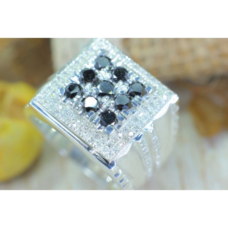 cincin berlian pria mata utama black diamond/berlian hitam keliling berlian eropa ring perak ringsiz