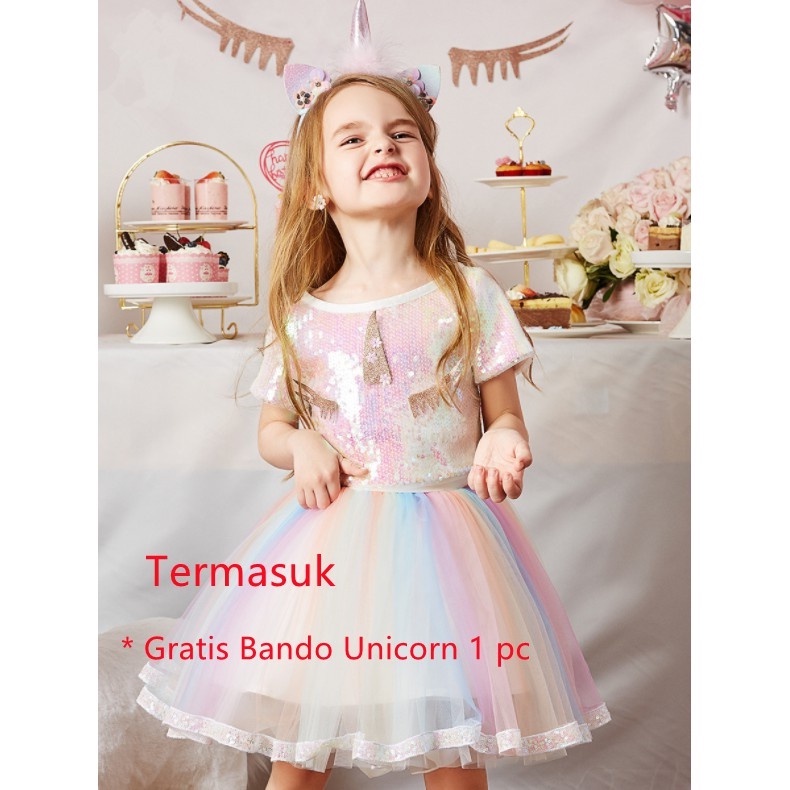 Dress Unicorn Tutu / Dress Sequin Rainbow Gaun Anak Perempuan Pesta Elegan Formal