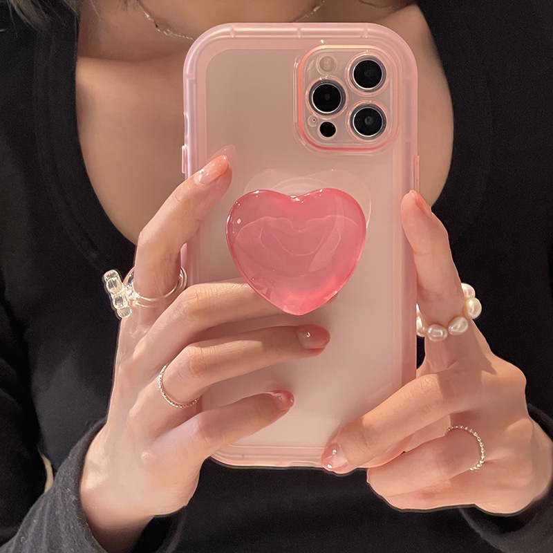 Japan Jelly Korea Pink Love Heart Stand Holder Soft Transparent Case For iPhone X XR XS 11 12 13 Pro Max 7/8 SE2020 7 Plus/8 Plus Back Protective Cover