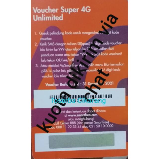 Voucher isi ulang kuota smartfren UNLIMITED 4gb , 10gb, 16gb dikirim via chat di toserba cikarang