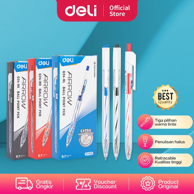 

Deli Ballpoint Pen / Bolpoin Pulpen 0.7mm Tinta Hitam Biru Merah Isi 12 pcs Untuk Penulisan Halus Retracable EQ24