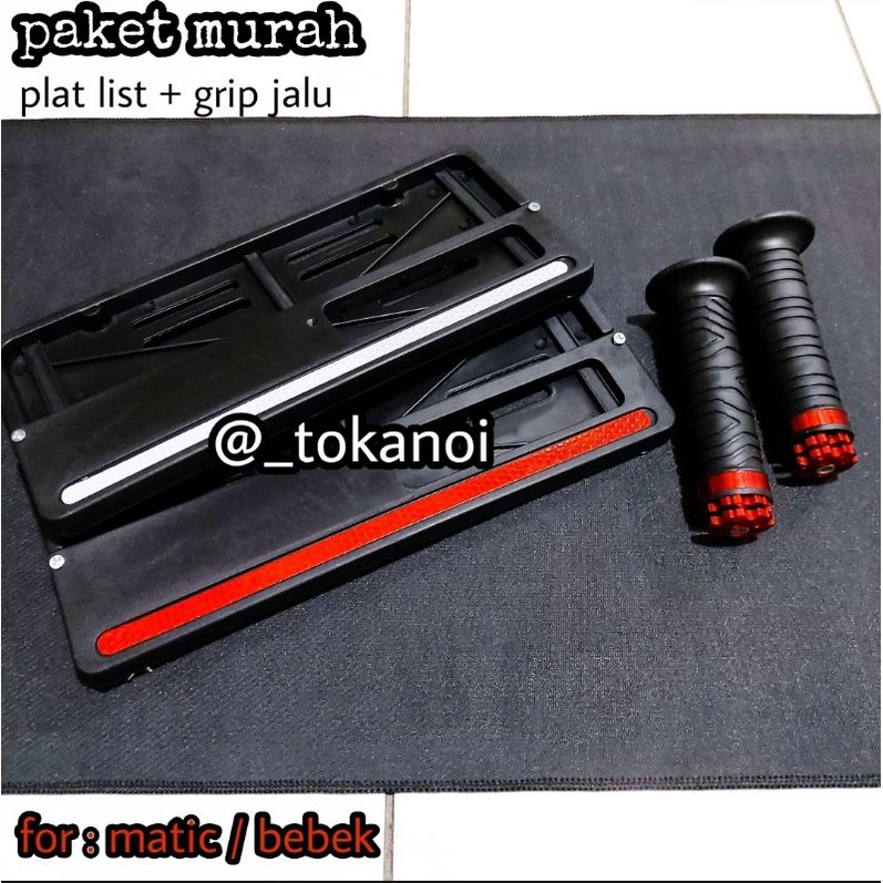 Paket Variasi Motor Hand grip Jalu ring + Dudukan Plat Nomor Honda List Warna merah putih