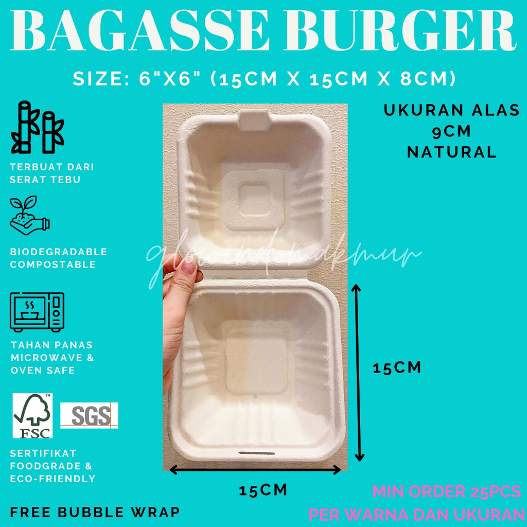 Bagasse Burger Kotak Kecil 15cm x 15cm 6inch Lunchbox Sugarcane Serat Tebu ECO FRIENDLY BENTO CAKE