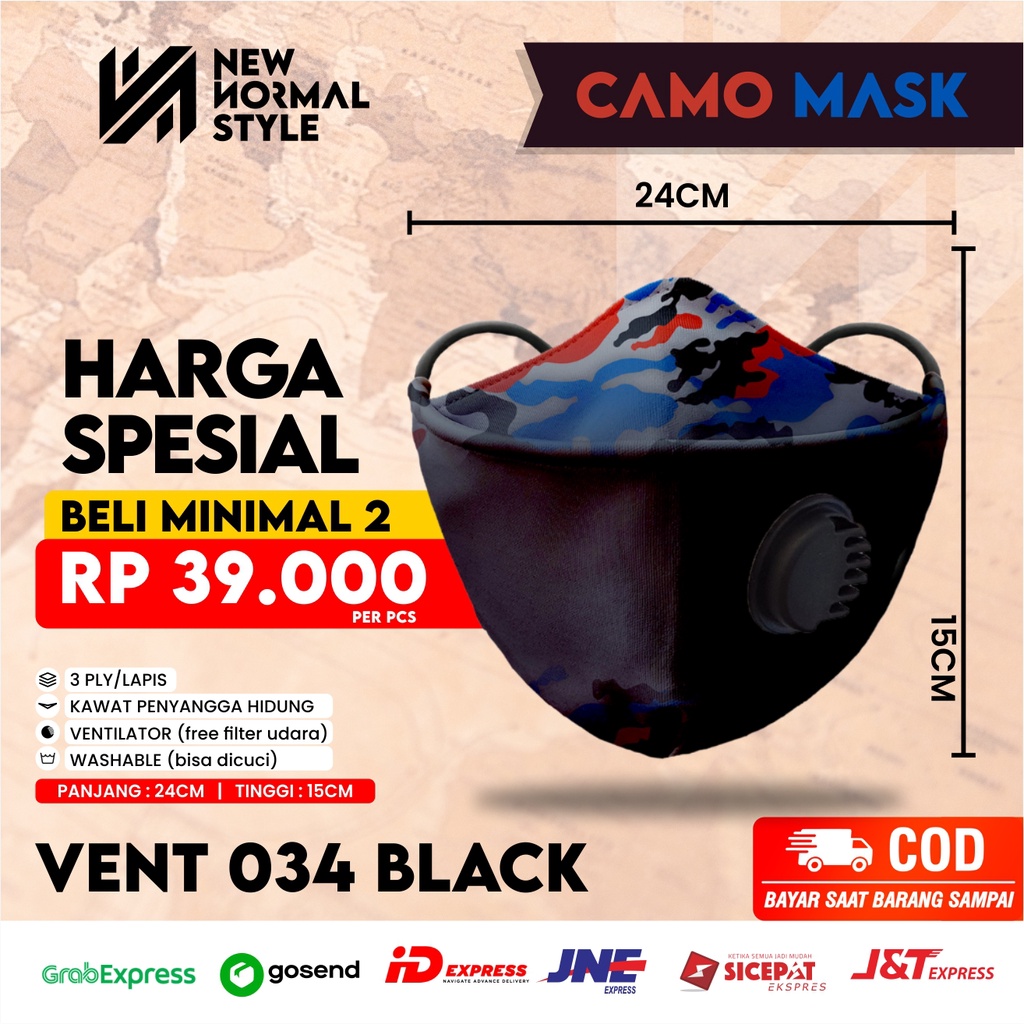 VENT 34B  Masker Kain 3D 3 ply Lapis Respirator Hijab Korea Headloop Earloop Motif Hitam Pria Keren