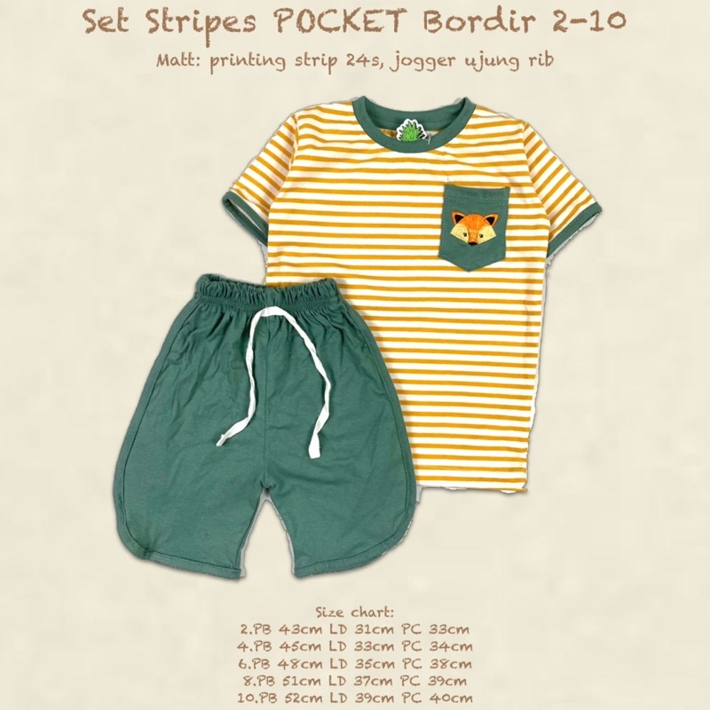 Setelan Anak Stripes Pocket Bordir Unisex 2-10 Tahun Original Kaos Super Premium Pakaian Anak Terlaris Termurah Best Seller