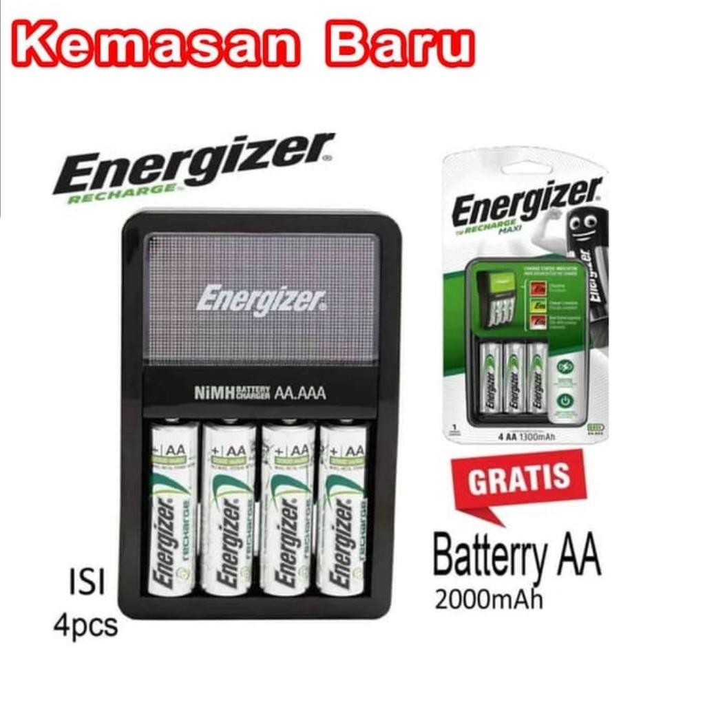 Charger Energizer MAXI AA / AAA Cas Baterai + 4pcs AA 2000Mah RECHARGE ORIGINAL 2000 mah