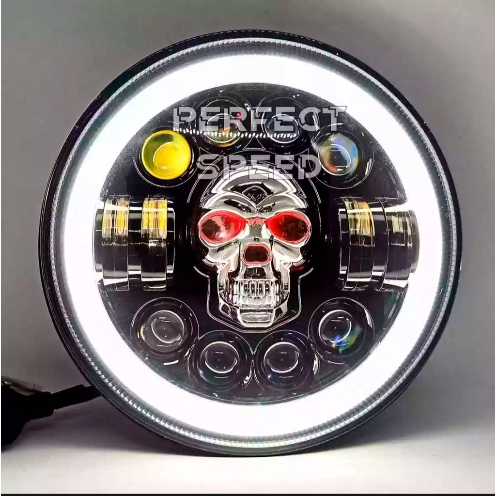 LAMPU TEMBAK/SOROT LED 7'INCH SKULL RGB ANGEL YELLOW+WHITE UNIVERSAL SEMUA JENIS MOTOR/MOBIL