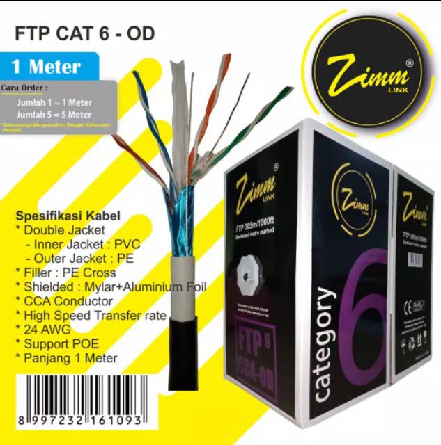 Kabel LAN ftp Cat6e Double Jacket Interluc Meteran tanpa konektor