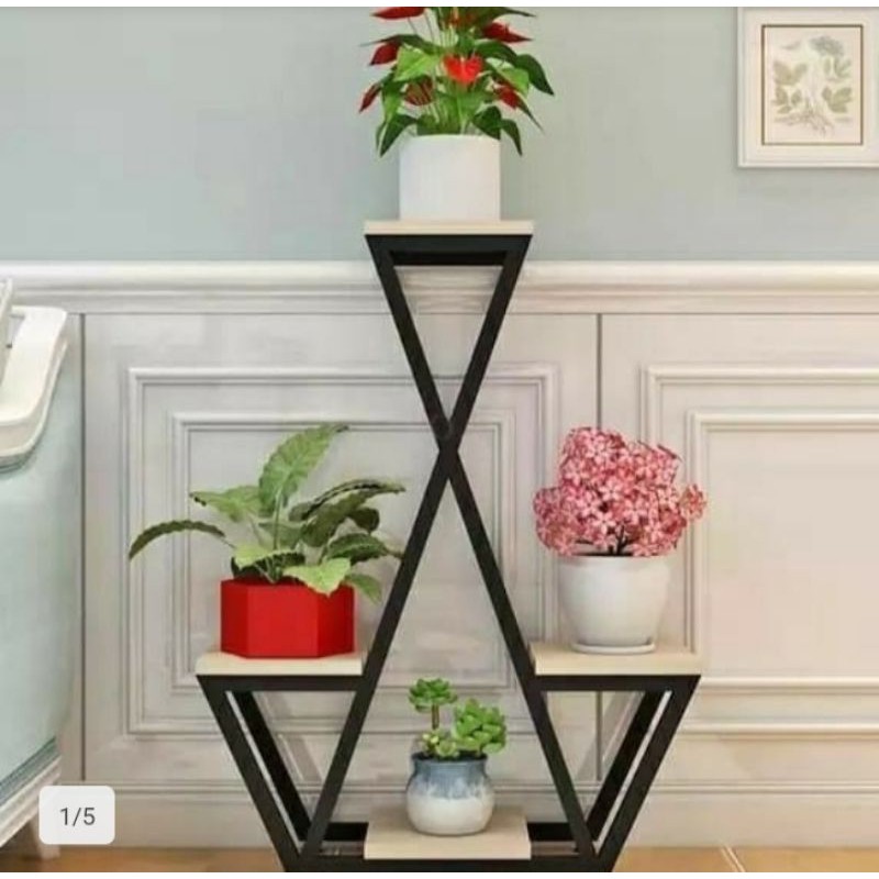 Rak bunga X 4 susun alas kayu - Rak bunga besi